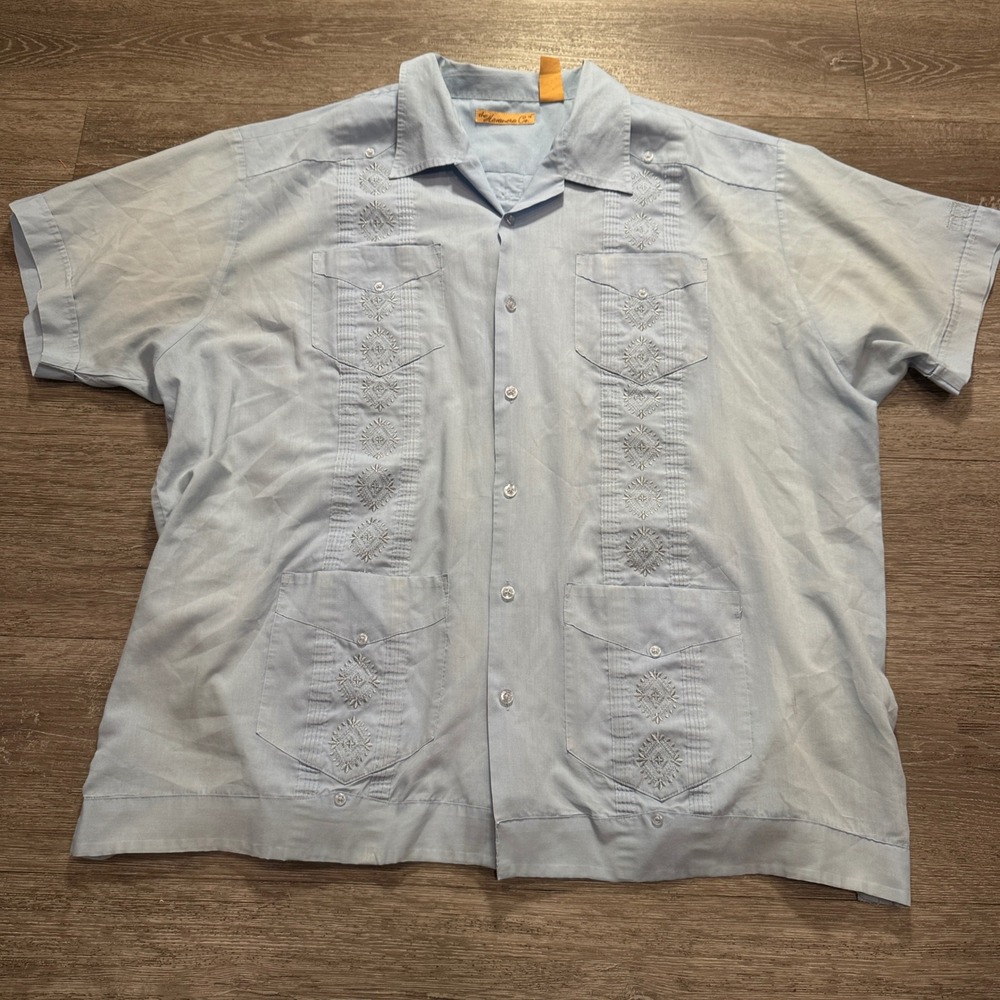 The Havanera Co Guayabera Shirt Mens XXL Blue Cotton Disco Bowling Embroidery